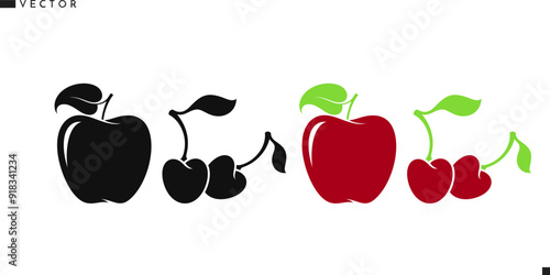Natural food. Apple and cherry with leaves vector. Isolated fruit on white background