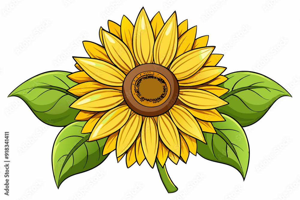 Fototapeta premium Cartoon Illustration of a Sunflower with Two Green Leaves