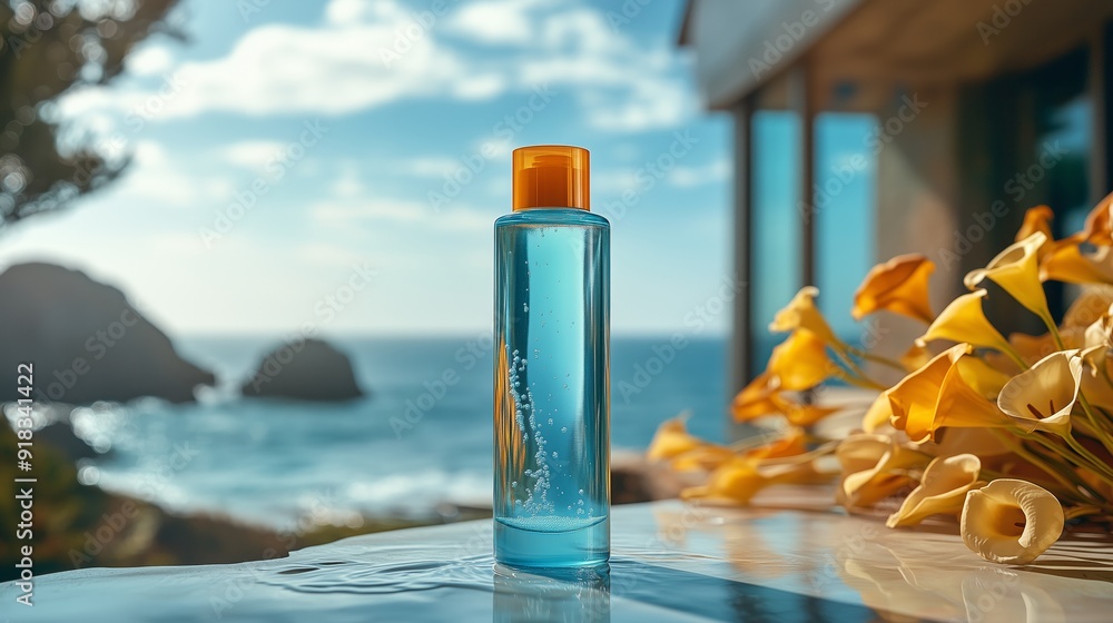 A bottle of sun cream on the table, with golden and orange color accents surrounded by callas. A bottle of sun cream on the table, with golden and orange color accents surrounded by callas.