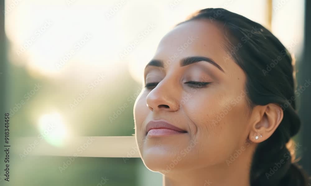 Close-up video of a serene woman practicing yoga in a sunlit studio for wellness and relaxation Close-up video of a serene woman practicing yoga in a sunlit studio for wellness and relaxation