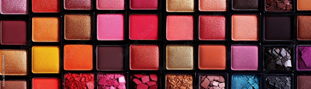 Vibrant makeup palette with diverse shades of eye shadow arranged in a colorful grid. Perfect for beauty, cosmetics, and makeup-related projects. Vibrant makeup palette with diverse shades of eye shadow arranged in a colorful grid. Perfect for beauty, cosmetics, and makeup-related projects.