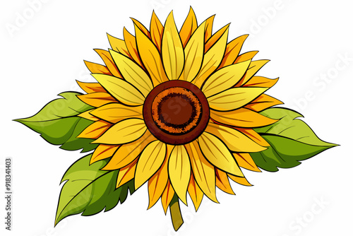 Single Cartoon Sunflower with Green Leaves