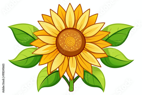 A Single Sunflower with Green Leaves on a White Background