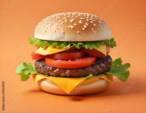 A close-up shot of a cheeseburger with a sesame seed bun, beef patty, cheese, lettuce, and tomato slices against an orange background