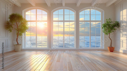 Bright modern interior with large windows overlooking ocean during sunset. Copy space. Generative AI 