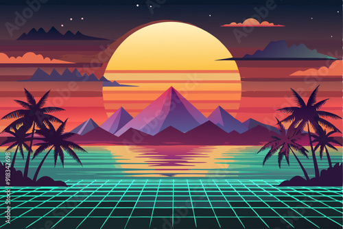Sunset Over Tropical Mountains and a Digital Grid