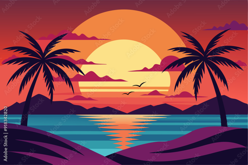 Sunset Over Tropical Beach with Palm Trees Sunset Over Tropical Beach with Palm Trees