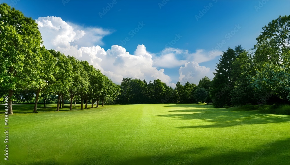 Lawn filled surrounding by trees against blue sky with clouds.