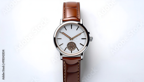 Elegant Wristwatch with Brown Leather Strap isolated on a white background