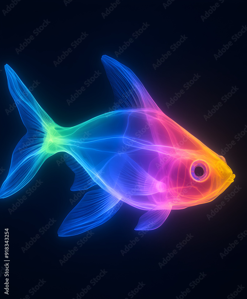 Leuchtender Neonfisch im schwarzenMeer, made by AI Leuchtender Neonfisch im schwarzenMeer, made by AI