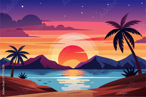 Sunset over a tropical beach with palm trees and a mountain range in the distance.