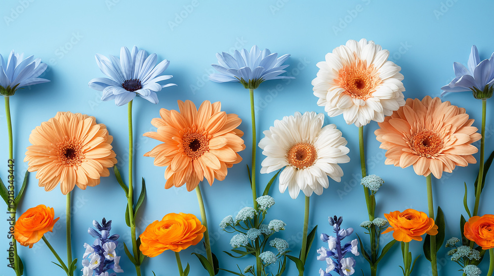 Colorful gerbera daisies and other flowers on a blue background. Generative AI Colorful gerbera daisies and other flowers on a blue background. Generative AI