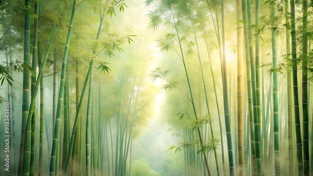 Fototapeta premium A delicate dance of green and ivory, capturing the serene beauty of a bamboo forest bathed in morning mist. Generative AI