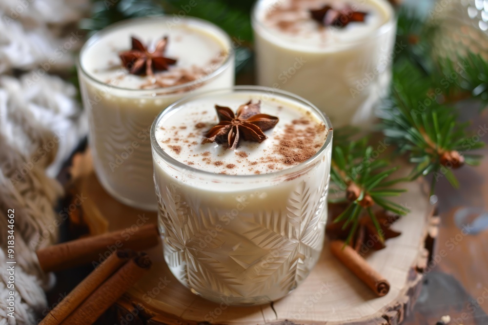 Two glasses of traditional eggnog garnished with spices on a cozy holiday table setting Two glasses of traditional eggnog garnished with spices on a cozy holiday table setting