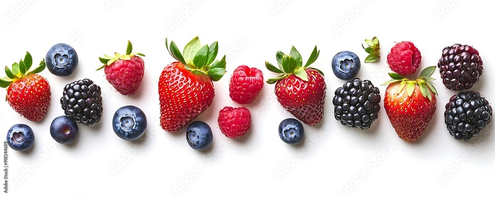 Fresh Berries Arranged in a Row on a White Background - Photo