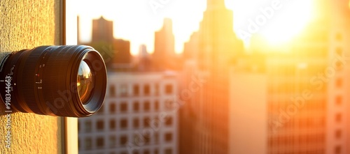 A close-up of a camera lens on a cityscape background