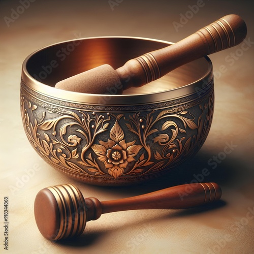 A portrait of a tibetan singing bowl or himalayan bowl, with a mallet lying on top of it to make a relaxing sound.