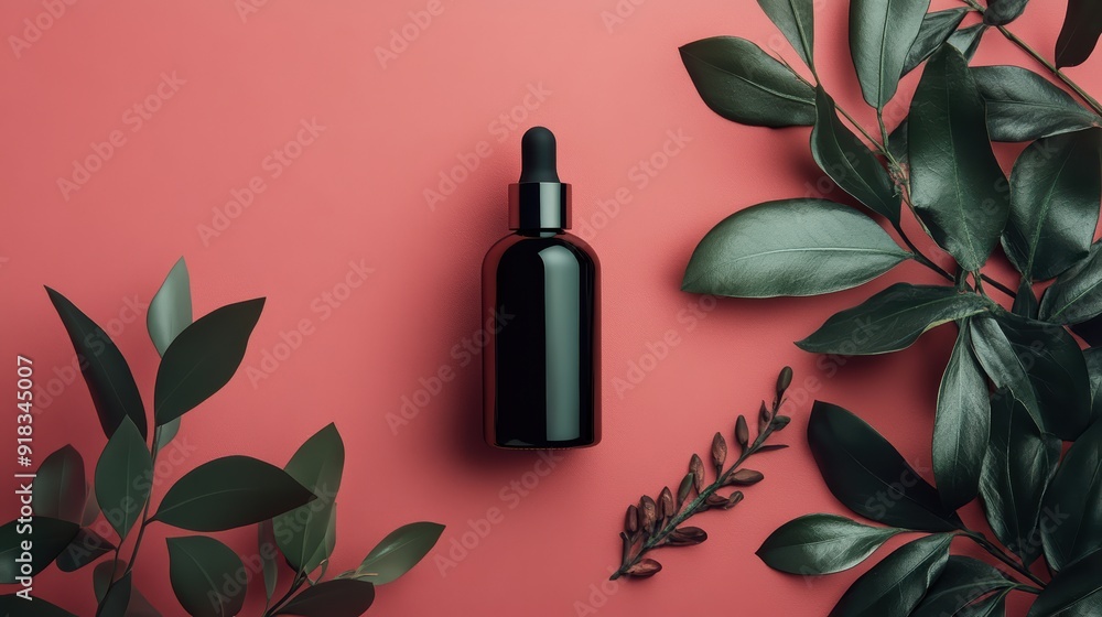 Black Dropper Bottle with Green Leaves on Pink Background Black Dropper Bottle with Green Leaves on Pink Background