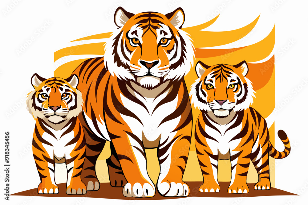 Obraz premium Three Tigers Standing Against A Yellow Background