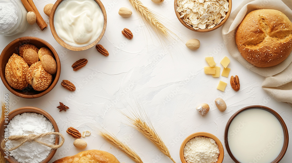 Baking ingredients with fresh bread and oats on white background. Copy space. Generative AI Baking ingredients with fresh bread and oats on white background. Copy space. Generative AI
