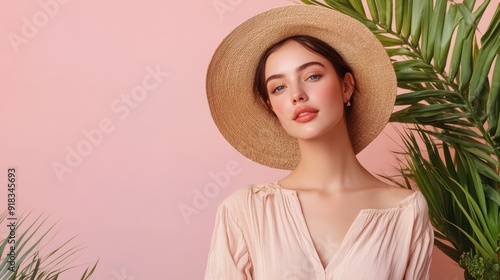 Beautiful Woman in a Straw Hat with Palm Leaves in the Background