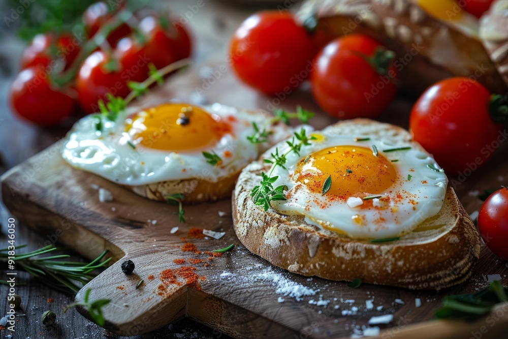 Delicious fried eggs on toast garnished with herbs and tomatoes on a wooden board Delicious fried eggs on toast garnished with herbs and tomatoes on a wooden board