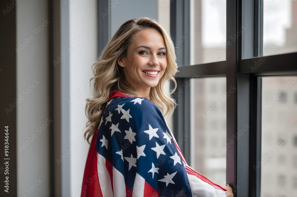 A young woman with an American flag at home. A young woman with an American flag at home.