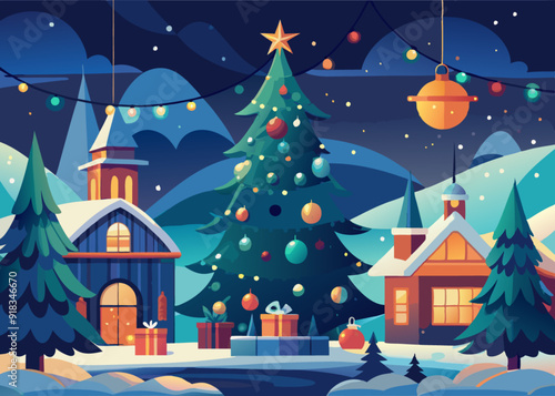 Christmas Tree Decorated with Lights and Ornaments