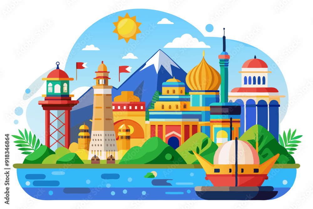 Colorful Cityscape with a Mountain, Water, and a Boat Colorful Cityscape with a Mountain, Water, and a Boat