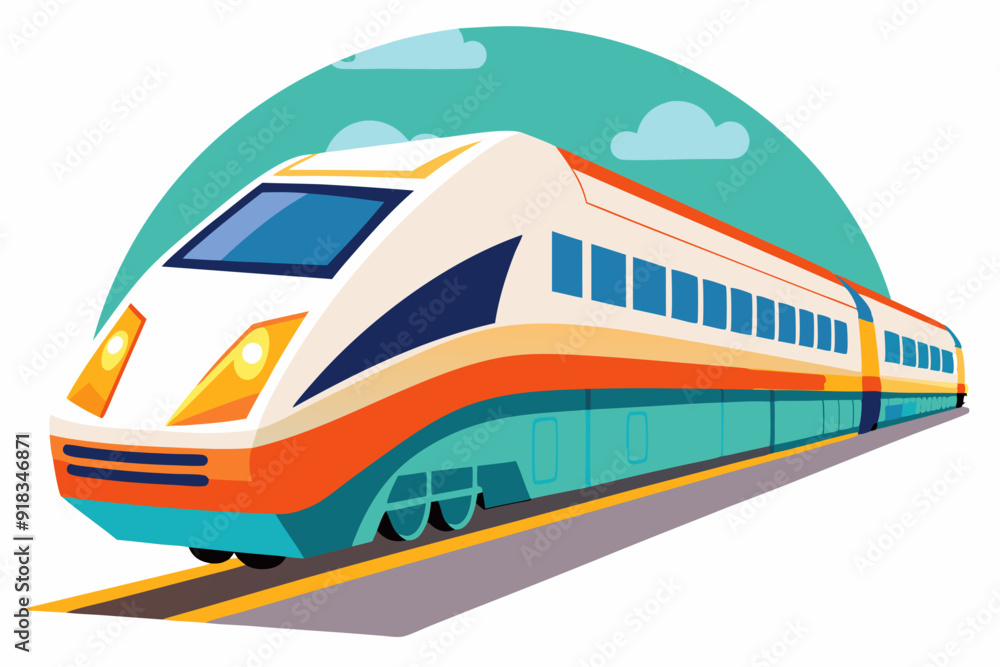 Naklejka premium Modern High-Speed Train on Tracks with a Green and Cloudy Background