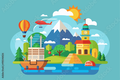 A Colorful Landscape with a Hot Air Balloon, Airplane, Boat, and Lighthouse