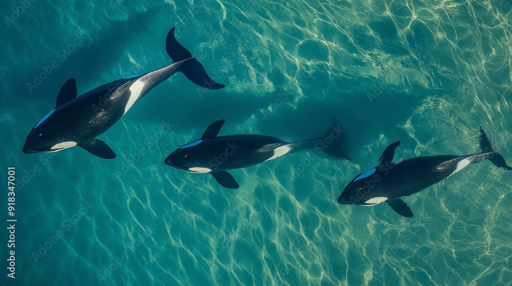 A group of orcas swimming in clear blue waters. The orcas are seen from an aerial view, with their sleek bodies and distinctive white patches on their heads and tails prominently displayed A group of orcas swimming in clear blue waters. The orcas are seen from an aerial view, with their sleek bodies and distinctive white patches on their heads and tails prominently displayed