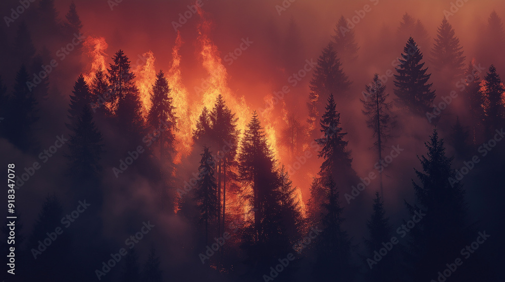 A dramatic forest fire, with flames engulfing tall pine trees. The scene is dominated by a mix of dark smoke and bright orange and red flames, creating a contrasting visual A dramatic forest fire, with flames engulfing tall pine trees. The scene is dominated by a mix of dark smoke and bright orange and red flames, creating a contrasting visual