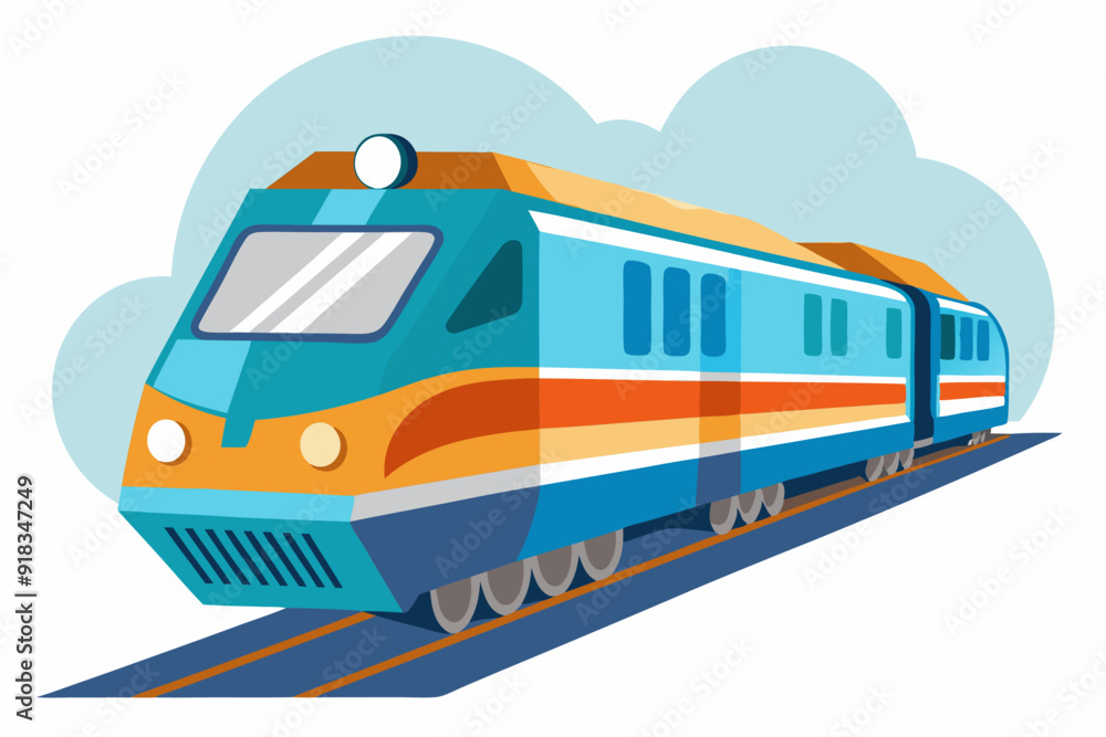 Fototapeta premium Modern Blue and Orange Train on Tracks
