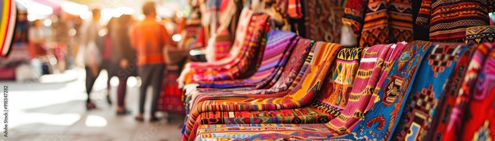 Fototapeta premium Vibrant textiles displayed in a lively market, showcasing colorful patterns and artistic craftsmanship, perfect for cultural projects.