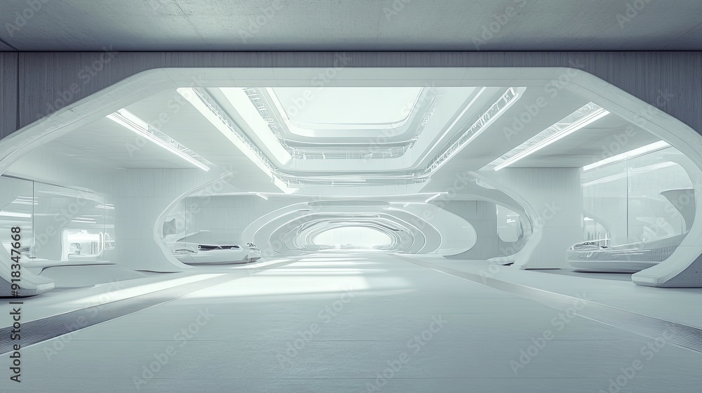 Futuristic white architecture with car park, empty white floor. concept of car sale, automobile, automotive empty space or area in showroom, shop or store. for product display Futuristic white architecture with car park, empty white floor. concept of car sale, automobile, automotive empty space or area in showroom, shop or store. for product display