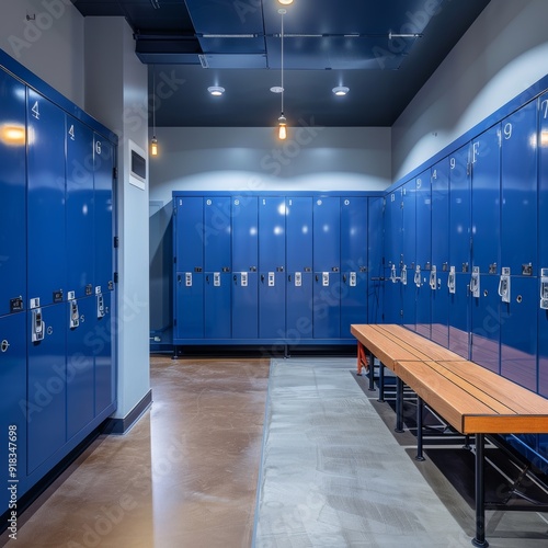Locker area with blue metal storage lockers and a wooden bench, showcasing open and closed lockers