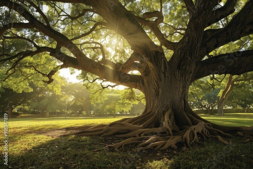Centenarian tree with a large trunk expansive roots silhouetted against a peaceful park, showcasing