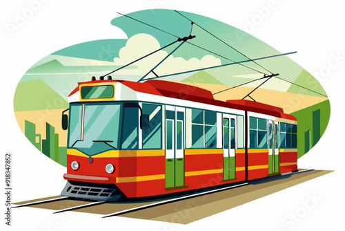 Red Tram Traveling Through City Landscape