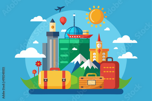 Cityscape with Luggage and Airplane, Sun, and Clouds