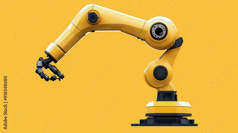A modern yellow robotic arm designed for industrial automation and precision tasks on a vibrant orange background. A modern yellow robotic arm designed for industrial automation and precision tasks on a vibrant orange background.