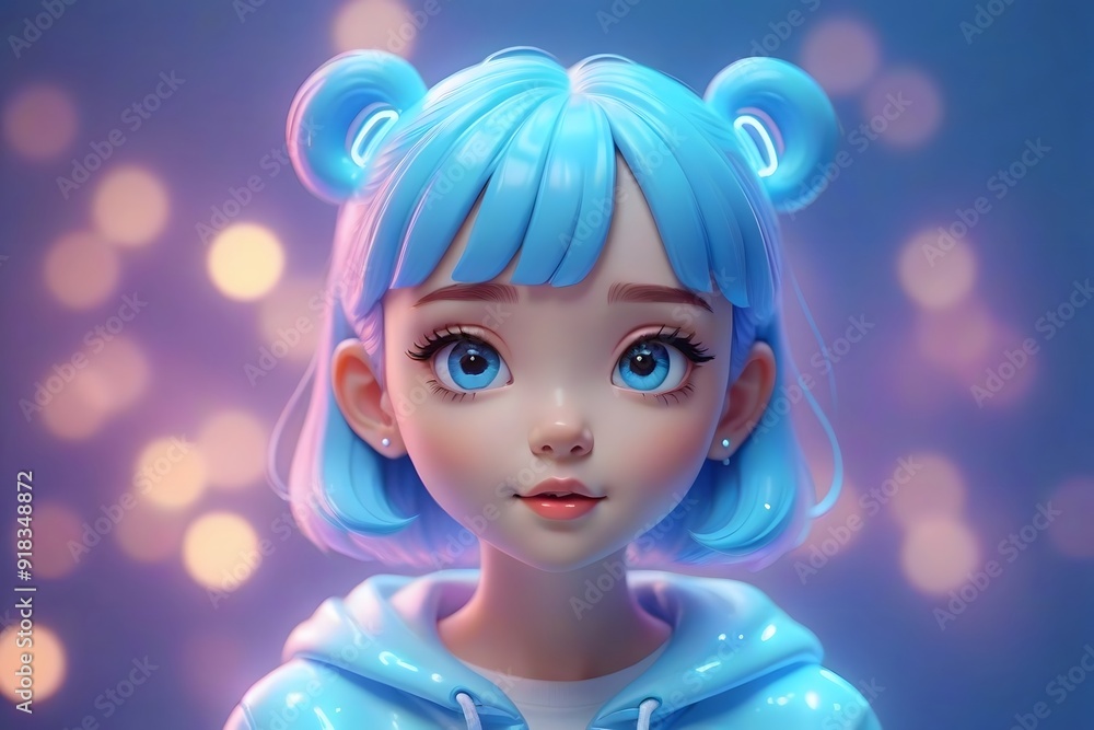 3D illustration of a blue-haired girl with big eyes and a soft smile. 3D illustration of a blue-haired girl with big eyes and a soft smile.