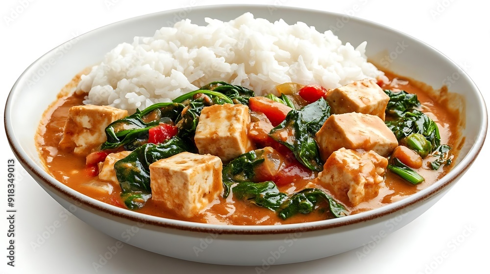 Tofu Curry with Rice and Spinach - Realistic Food Photograph Tofu Curry with Rice and Spinach - Realistic Food Photograph