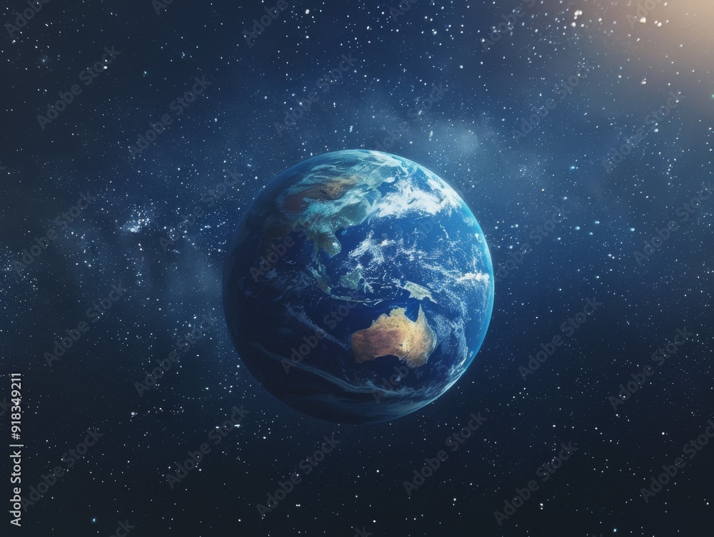 Obraz premium Planet Earth depicted in stunning detail, suspended in the boundless void of space, highlighting the diversity of landscapes ,our blue planet in the galaxy, australia asia continent