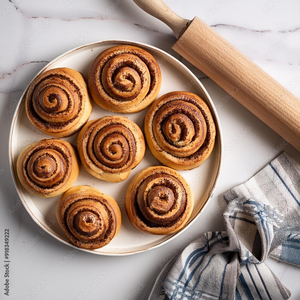 Fototapeta premium From above tray with fresh homemade cinnamon buns and wooden rolling pin on white marble board
