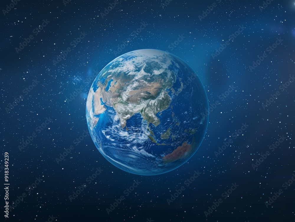 Obraz premium Planet Earth depicted in stunning detail, suspended in the boundless void of space, highlighting the diversity of landscapes ,our blue planet in the galaxy, australia asia continent