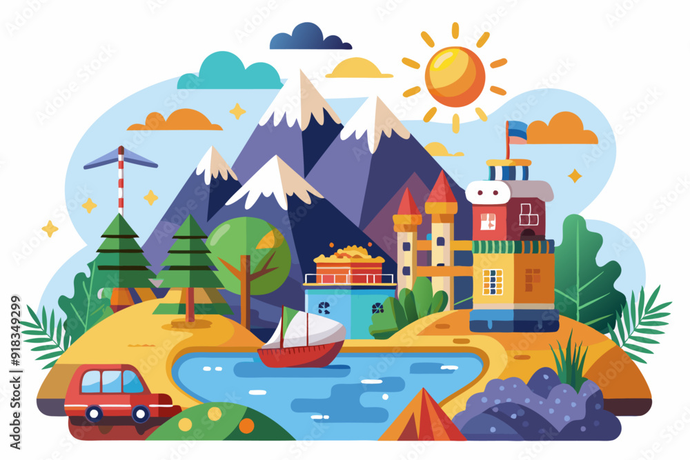 A Colorful Illustration of a Fantasy Landscape with Mountains, a Lake, and Buildings A Colorful Illustration of a Fantasy Landscape with Mountains, a Lake, and Buildings