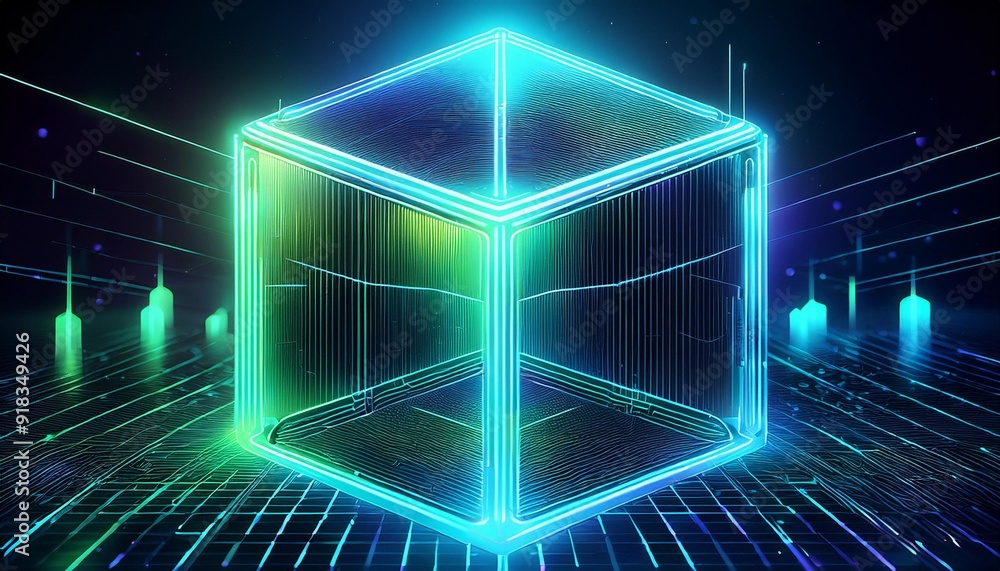 Generative AI abstract illustration of box in cube geometric shape illuminated in blue and green neon colors and lights in dark cyberspace Generative AI abstract illustration of box in cube geometric shape illuminated in blue and green neon colors and lights in dark cyberspace