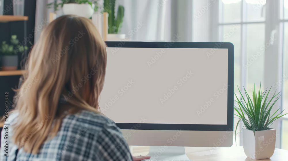 A woman in a home office environment analyzing business data on a desktop monitor in a modern workspace. A woman in a home office environment analyzing business data on a desktop monitor in a modern workspace.
