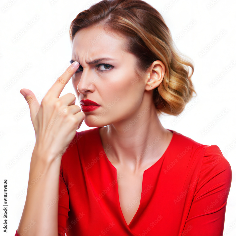 Woman in red dress shows wrinkle on forehead and gets upset. Emotions. White background Woman in red dress shows wrinkle on forehead and gets upset. Emotions. White background